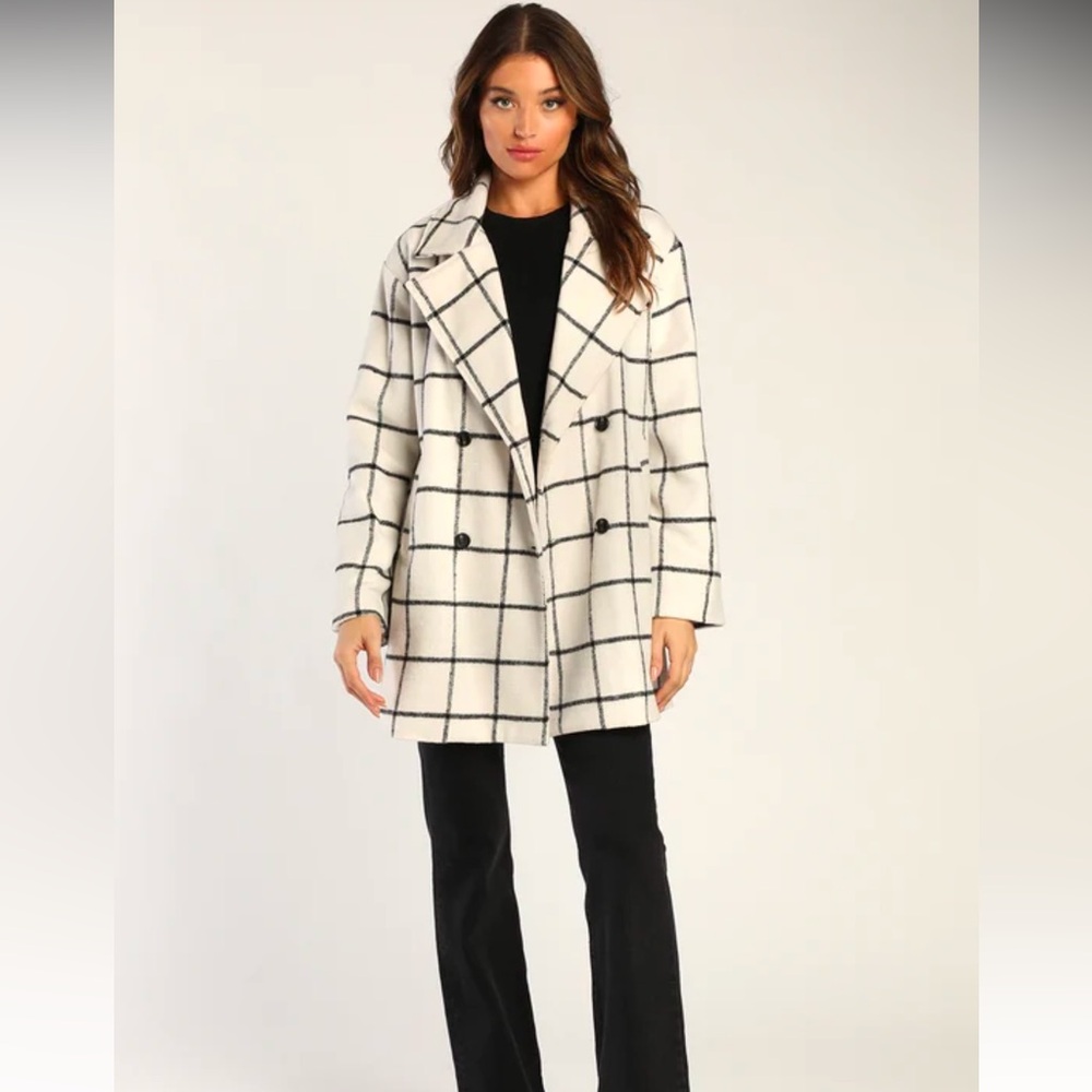 Lulus Snowy Streets Ivory Grid Print Double Breasted Coat White - Size M - Picture 3 of 5